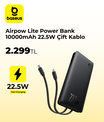 Baseus Airpow Lite Power Bank 10000mAh 22.5W Çift Kablo - Siyah