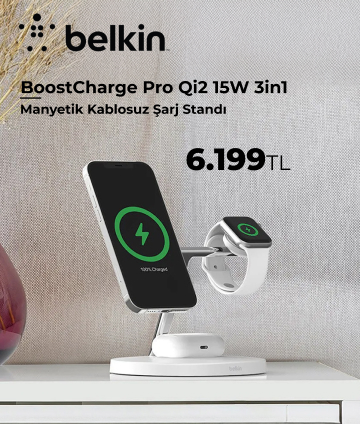 Belkin BoostCharge Pro WIZ023VFWH Qi2 15W 3in1 Magsafe Kablosuz Şarj Standı