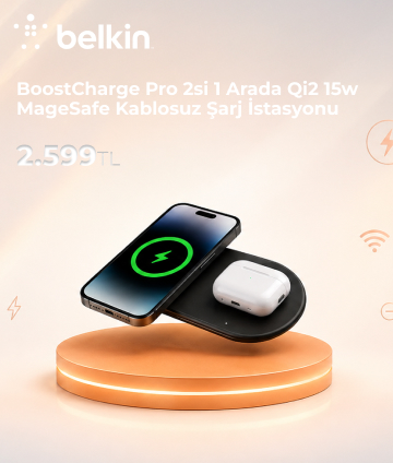 BelkinWIZ021 BoostCharge Pro 2si 1 arada Qi2 15w MageSafe Kablosuz Şarj İstasyonu - Siyah