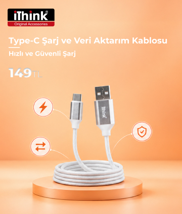 iThink K19C 2 Metre Type-C Şarj ve Veri Aktarım Kablosu Silver