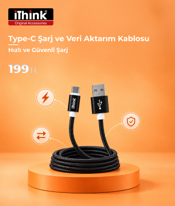 iThink K19C 2 Metre Type-C Şarj ve Veri Aktarım Kablosu Siyah