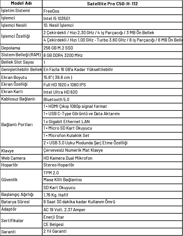 Dynabook Satellite Pro Intel Core i5 C50-H-112 8+256 15.6 Freedos 8