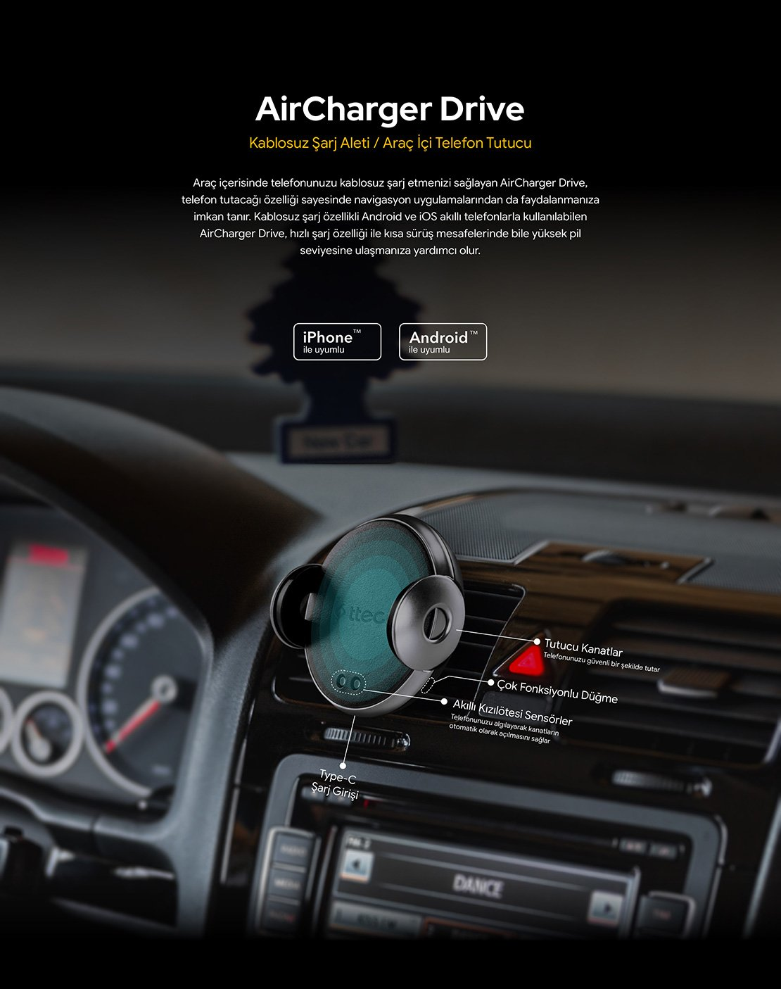 Ttec AirCharger Kablosuz Şarjlı Araç İçi Tutucu Siyah 1