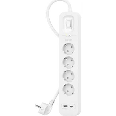 Belkin USB-C ve USB-A Bağlantı Noktalı Aşırı Gerilim Koruyucu (1 USB-C ve 1 USB-A ile 4 Çıkış)