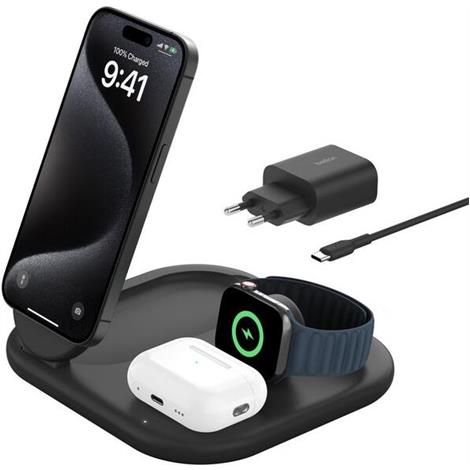 Belkin WIZ029VFBK Qi2 15W ile 3'ü 1 arada Manyetik Katlanabilir Kablosuz Şarj Cihazı Siyah